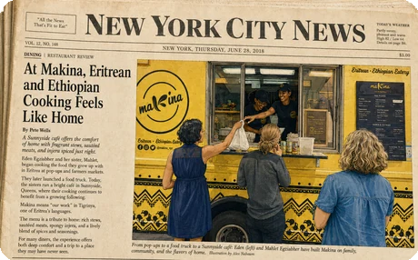 Newspaper feature on the Makina Eritrean-Ethiopian food truck in New York, 2018